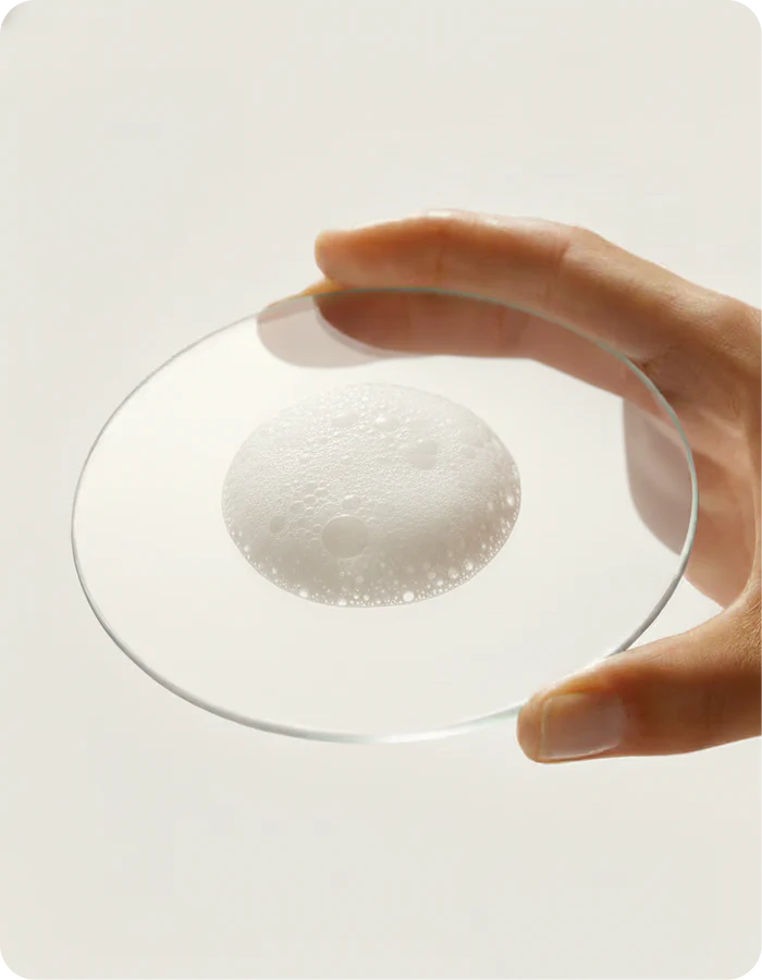 Hand holding a glass dish with Blyss plant-based cleaning foam